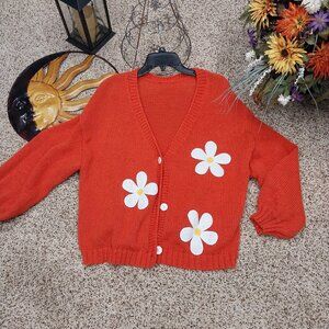 SHEIN Red Cardigan with White Floral Accents